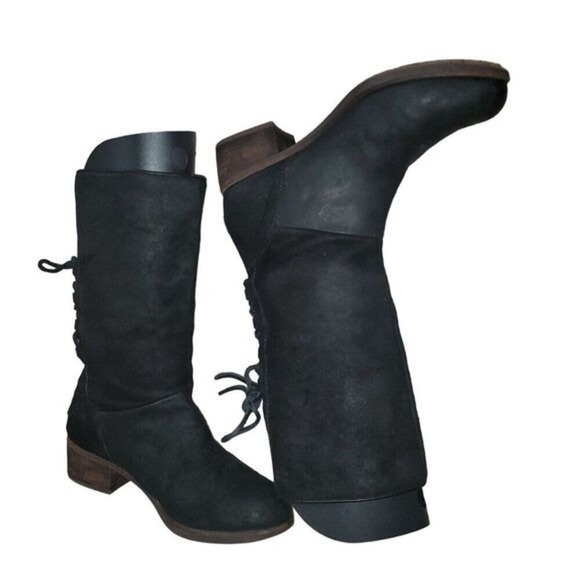 Ugg Cary Womens Black Suede Boots Leather Laces Up Back 8 Western Moto Biker Y2K - Picture 5 of 10